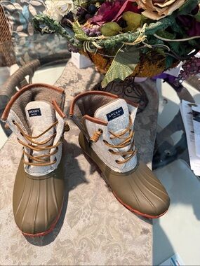 Sperry Olive, Tan and Orange-Trim Duck Boots